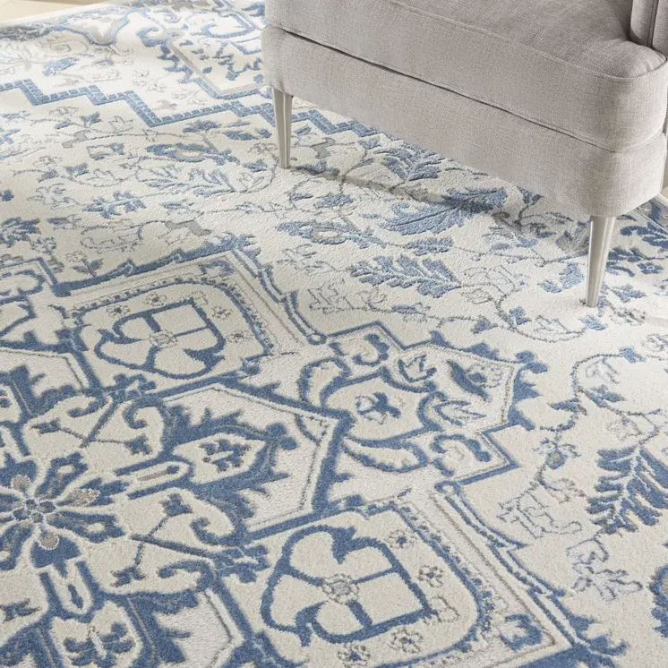 9' X 12' Ivory Blue and Gray Floral Non Skid Area Rug