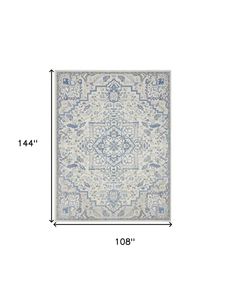 9' X 12' Ivory Blue and Gray Floral Non Skid Area Rug
