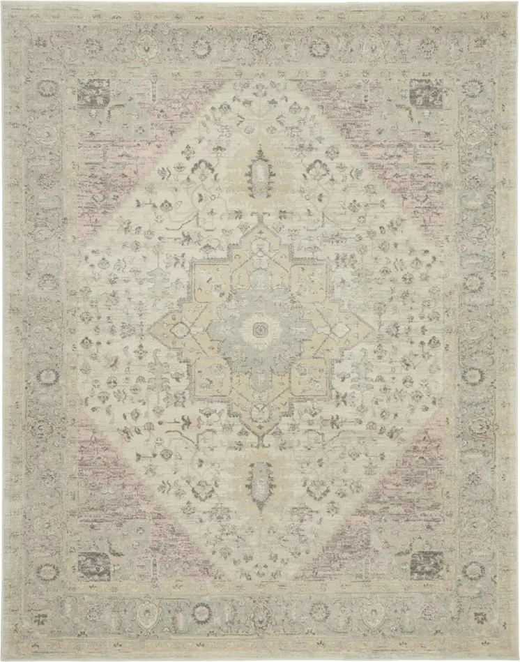 9' X 12' Ivory Pink And Gray Floral Medallion Distressed Area Rug