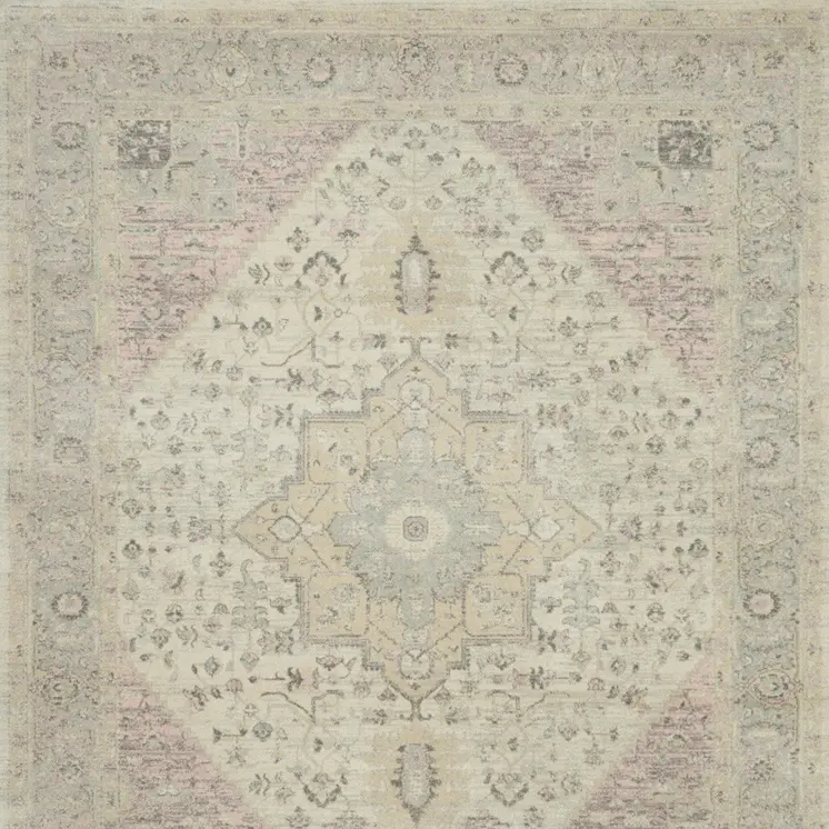9' X 12' Ivory Pink And Gray Floral Medallion Distressed Area Rug