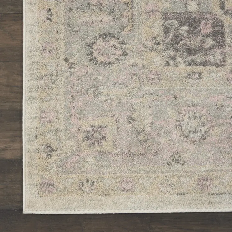 9' X 12' Ivory Pink And Gray Floral Medallion Distressed Area Rug