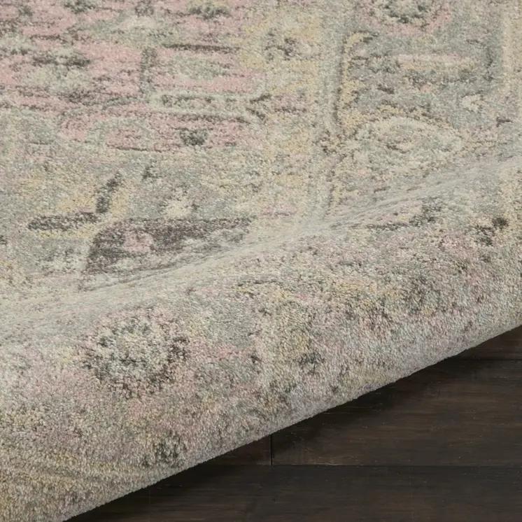 9' X 12' Ivory Pink And Gray Floral Medallion Distressed Area Rug