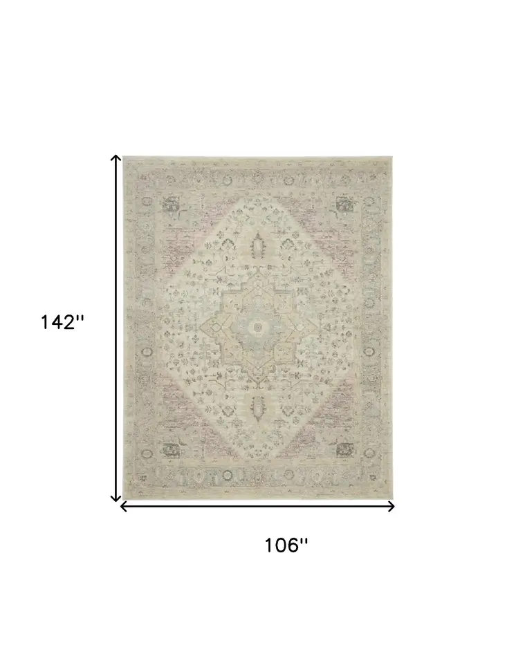 9' X 12' Ivory Pink And Gray Floral Medallion Distressed Area Rug