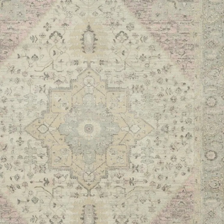 9' X 12' Ivory Pink And Gray Floral Medallion Distressed Area Rug