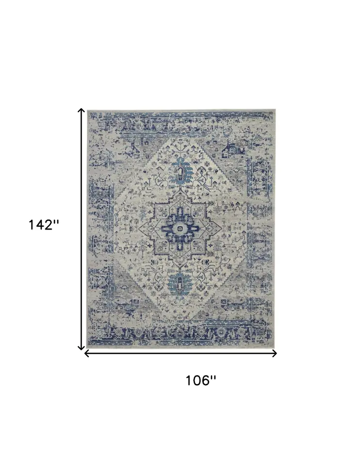 9' X 12' Ivory And Light Blue Floral Medallion Distressed Area Rug