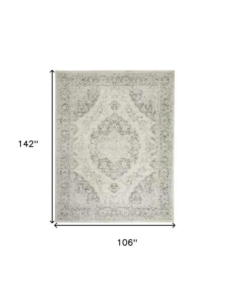 9' X 12' Ivory And Gray Floral Medallion Distressed Area Rug