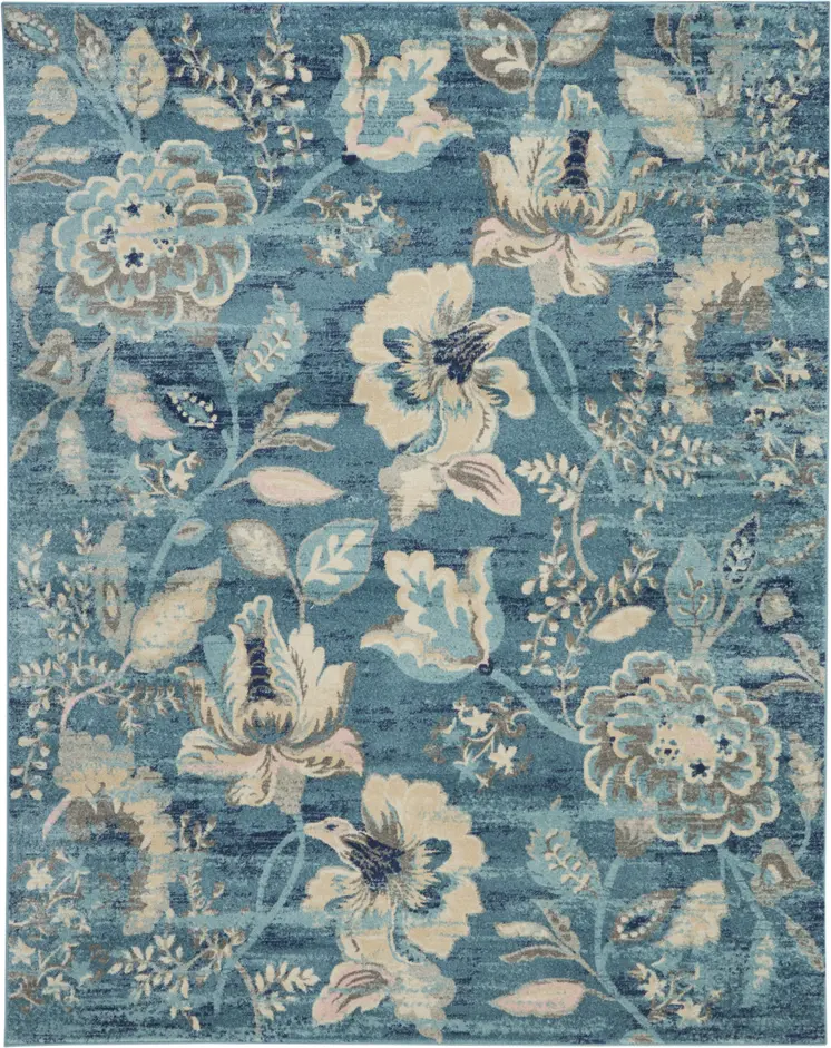 9' X 12' Turquoise Cream and Navy Blue Floral Distressed Area Rug