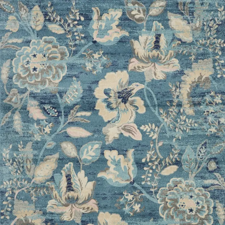 9' X 12' Turquoise Cream and Navy Blue Floral Distressed Area Rug