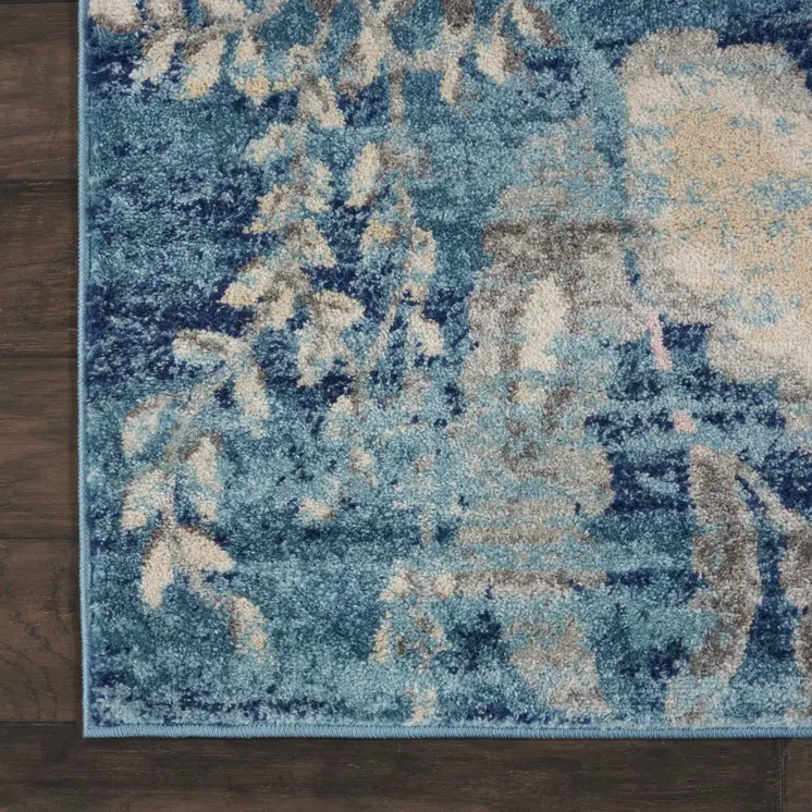 9' X 12' Turquoise Cream and Navy Blue Floral Distressed Area Rug