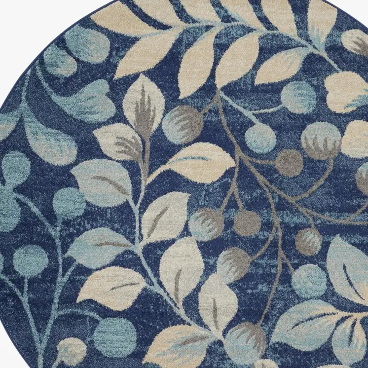 9' X 12' Turquoise Cream and Navy Blue Floral Distressed Area Rug
