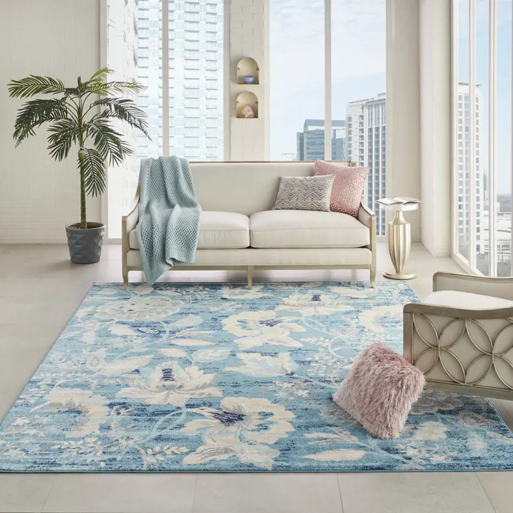 9' X 12' Turquoise Cream and Navy Blue Floral Distressed Area Rug
