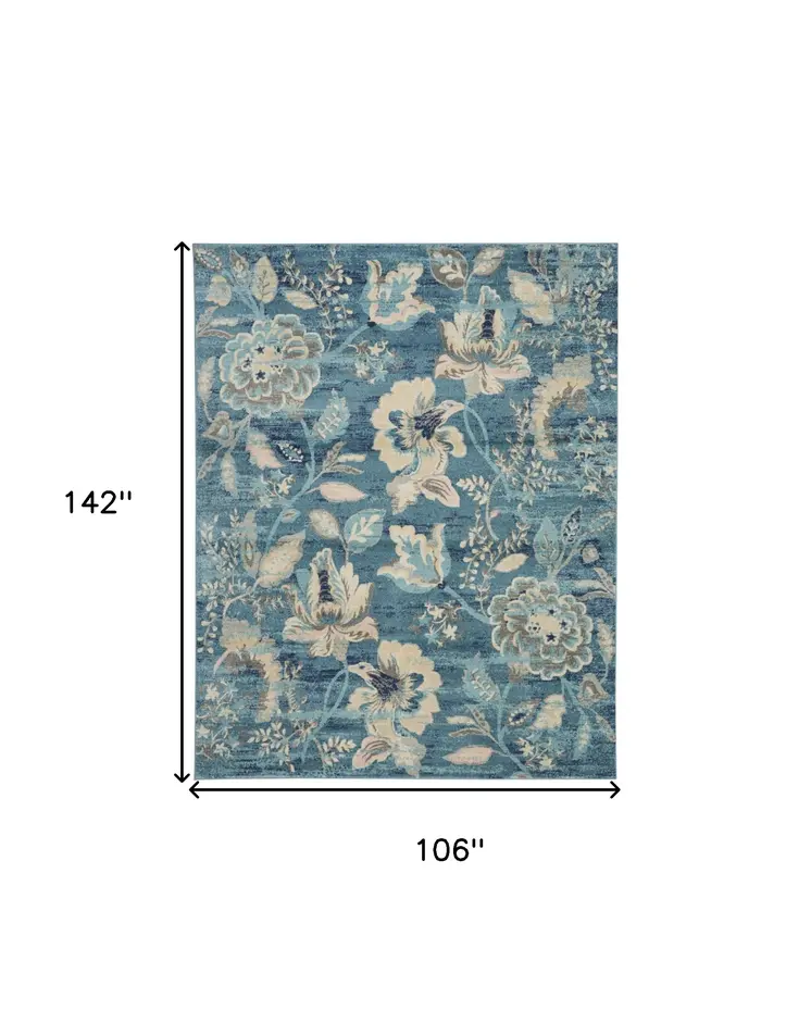 9' X 12' Turquoise Cream and Navy Blue Floral Distressed Area Rug