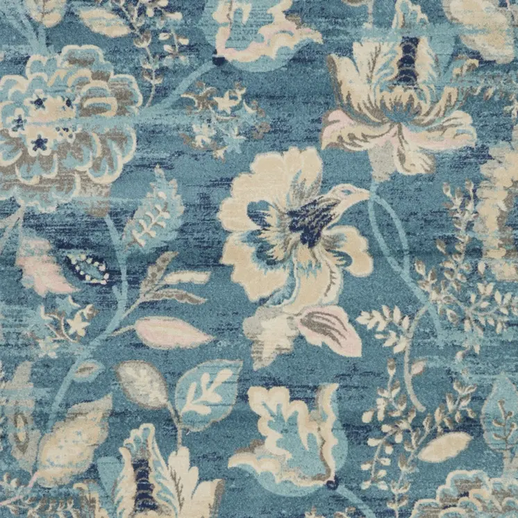 9' X 12' Turquoise Cream and Navy Blue Floral Distressed Area Rug