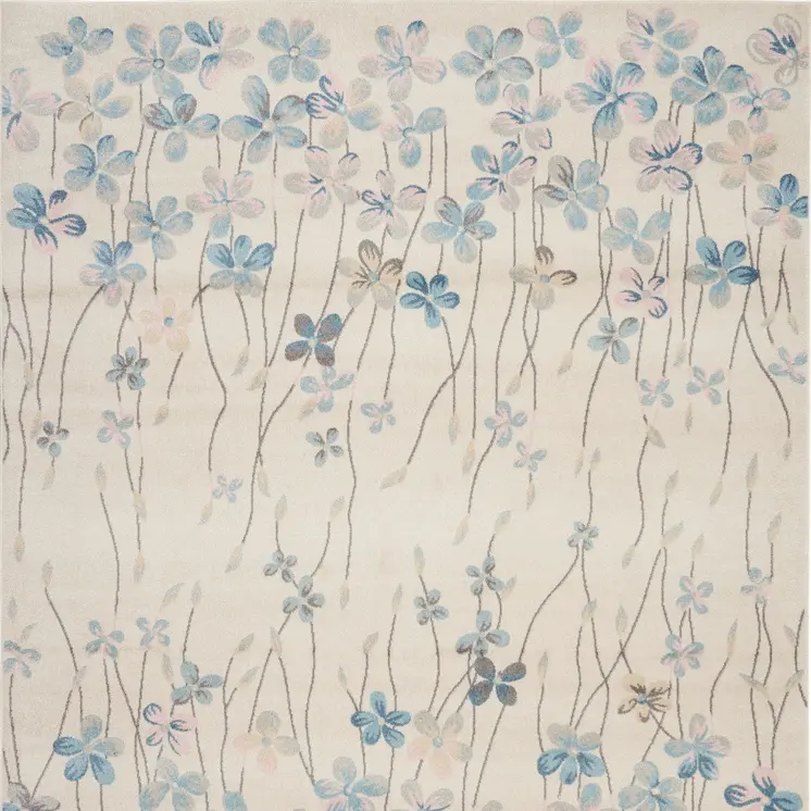 9' X 12' Ivory And Blue Floral Area Rug