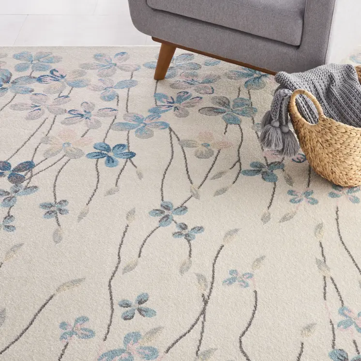 9' X 12' Ivory And Blue Floral Area Rug