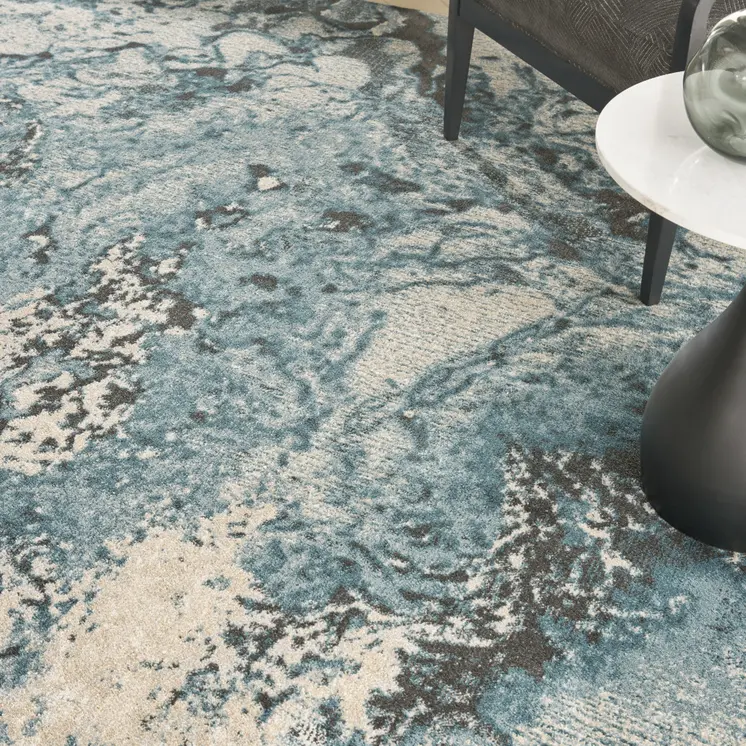 9' X 12' Ivory Teal Blue and Black Abstract Non Skid Area Rug