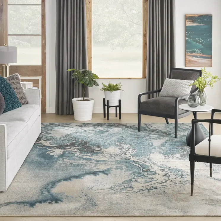 9' X 12' Ivory Teal Blue and Black Abstract Non Skid Area Rug