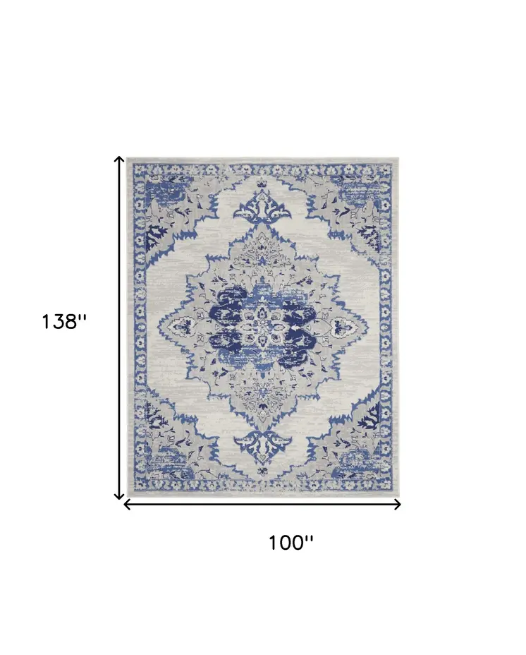 8' X 12' Ivory and Blue Floral Medallion Distressed Non Skid Area Rug