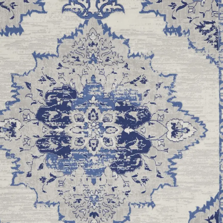 8' X 12' Ivory and Blue Floral Medallion Distressed Non Skid Area Rug