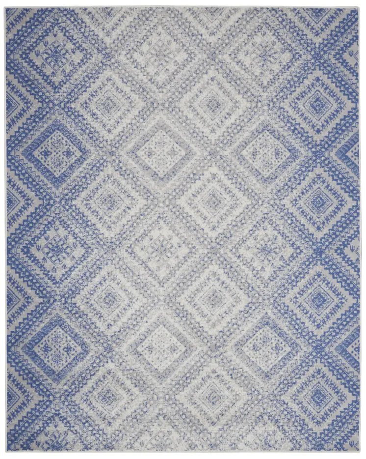 8' X 12' Ivory and Blue Geometric Distressed Non Skid Area Rug