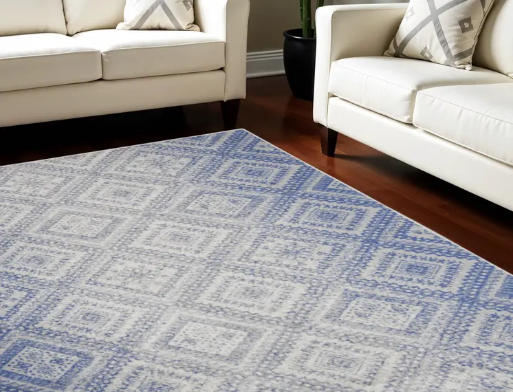 8' X 12' Ivory and Blue Geometric Distressed Non Skid Area Rug