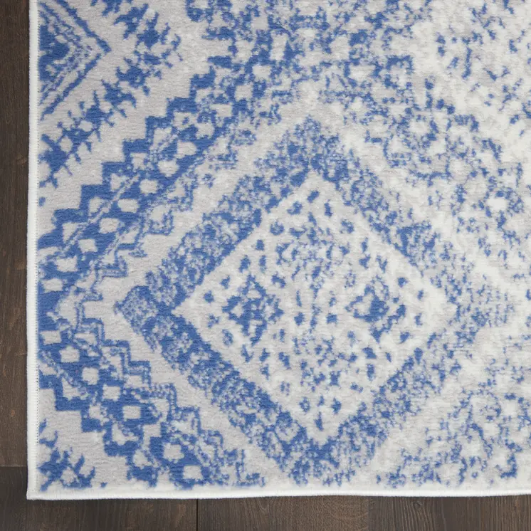8' X 12' Ivory and Blue Geometric Distressed Non Skid Area Rug