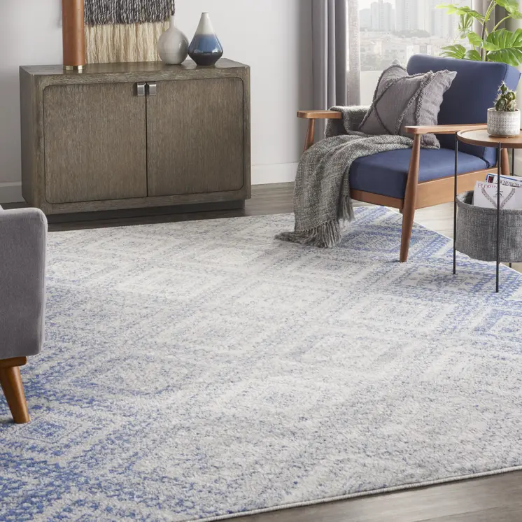 8' X 12' Ivory and Blue Geometric Distressed Non Skid Area Rug