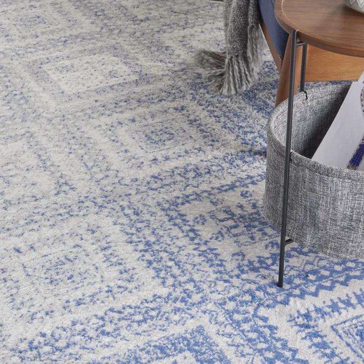 8' X 12' Ivory and Blue Geometric Distressed Non Skid Area Rug
