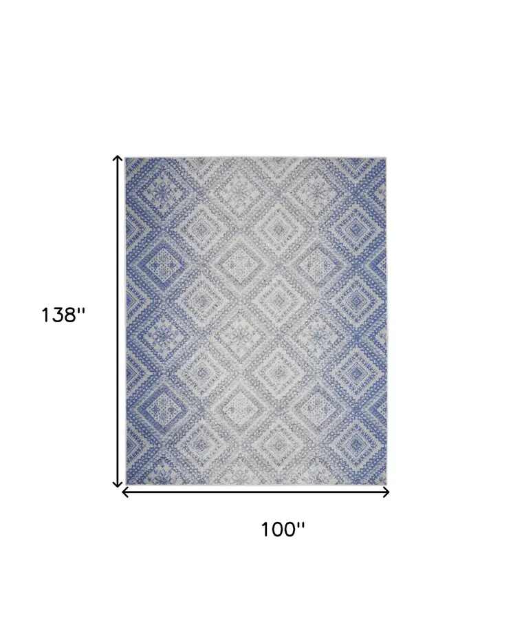 8' X 12' Ivory and Blue Geometric Distressed Non Skid Area Rug