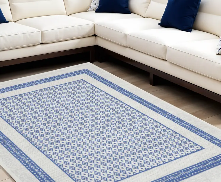 8' X 12' Ivory and Blue Geometric Distressed Non Skid Area Rug