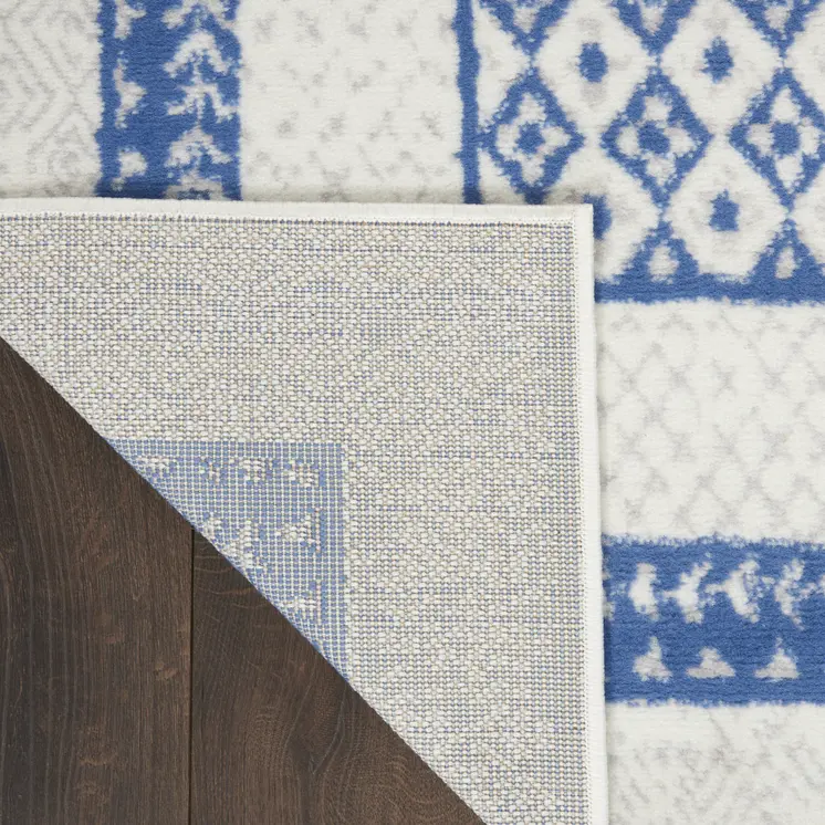 8' X 12' Ivory and Blue Geometric Distressed Non Skid Area Rug