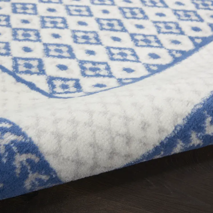 8' X 12' Ivory and Blue Geometric Distressed Non Skid Area Rug