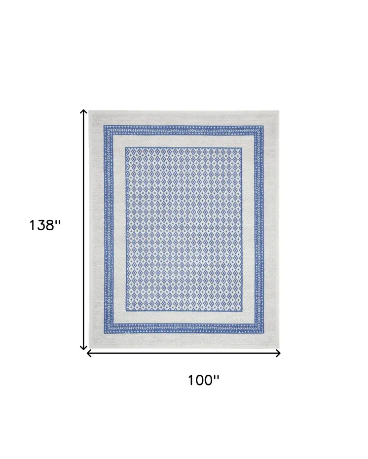 8' X 12' Ivory and Blue Geometric Distressed Non Skid Area Rug