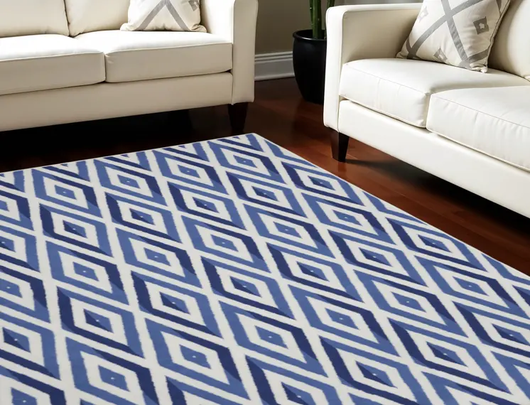 8' X 12' Ivory and Blue Geometric Distressed Non Skid Area Rug