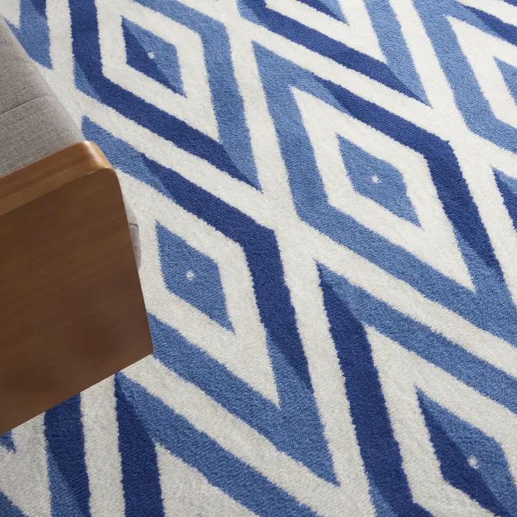 8' X 12' Ivory and Blue Geometric Distressed Non Skid Area Rug
