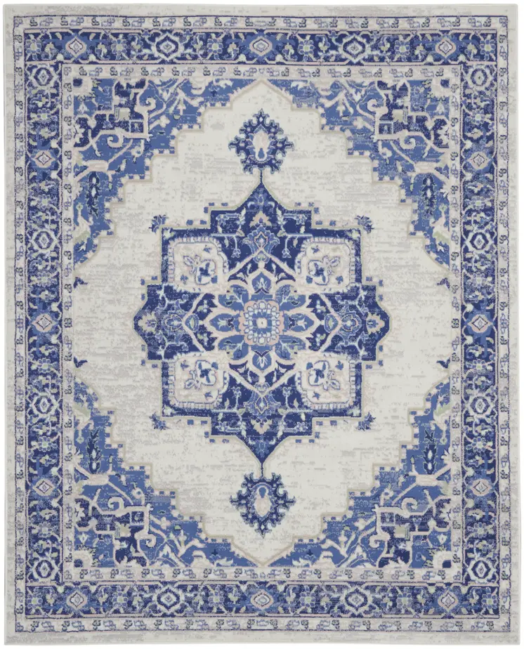 8' X 12' Ivory and Blue Floral Medallion Distressed Non Skid Area Rug