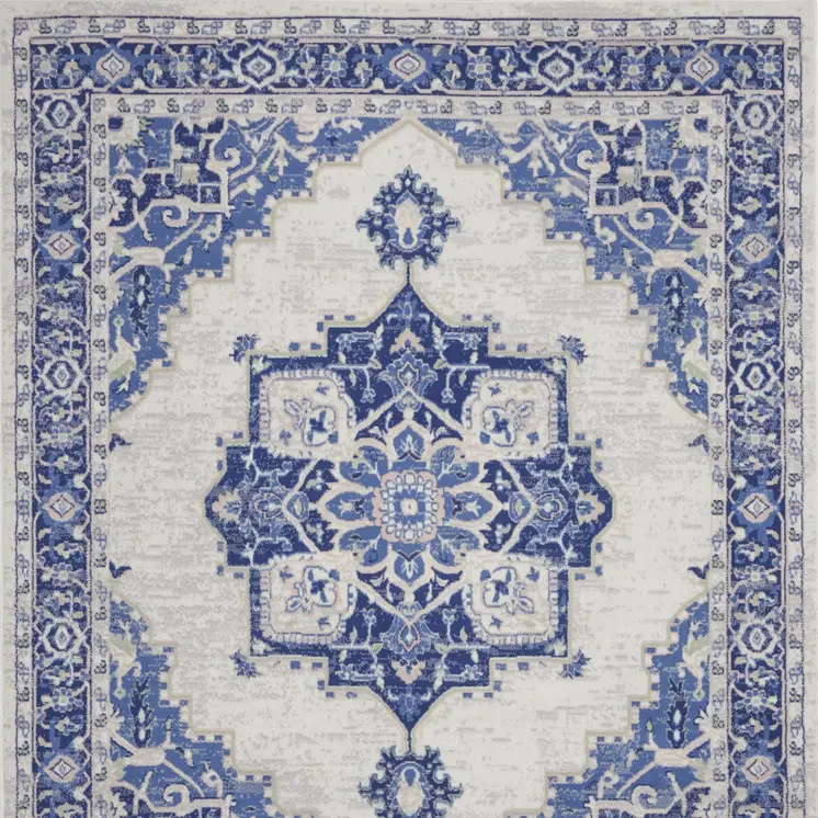 8' X 12' Ivory and Blue Floral Medallion Distressed Non Skid Area Rug