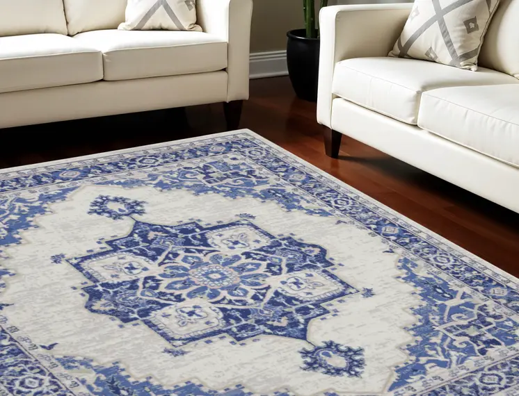 8' X 12' Ivory and Blue Floral Medallion Distressed Non Skid Area Rug