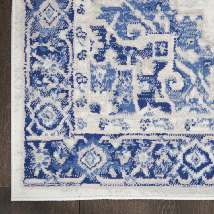 8' X 12' Ivory and Blue Floral Medallion Distressed Non Skid Area Rug