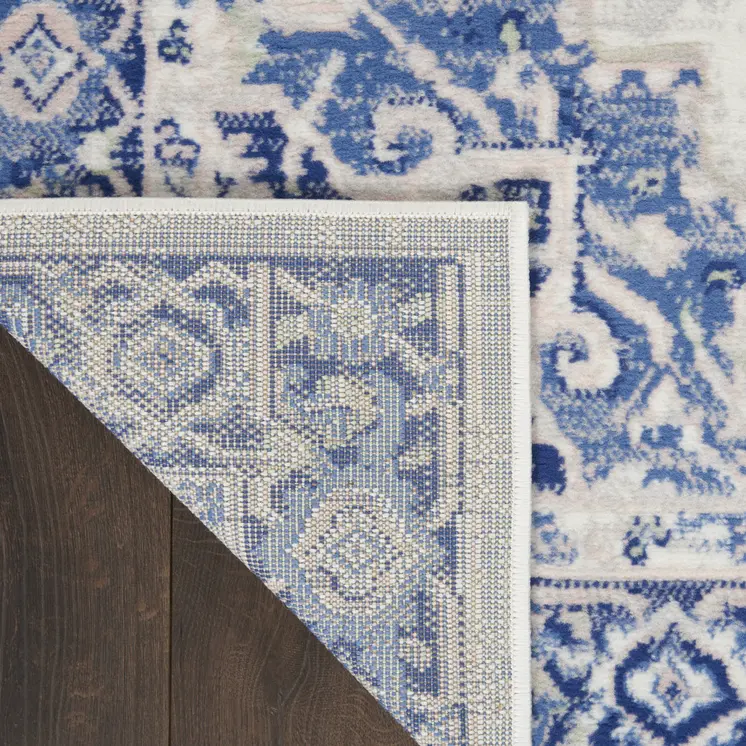 8' X 12' Ivory and Blue Floral Medallion Distressed Non Skid Area Rug