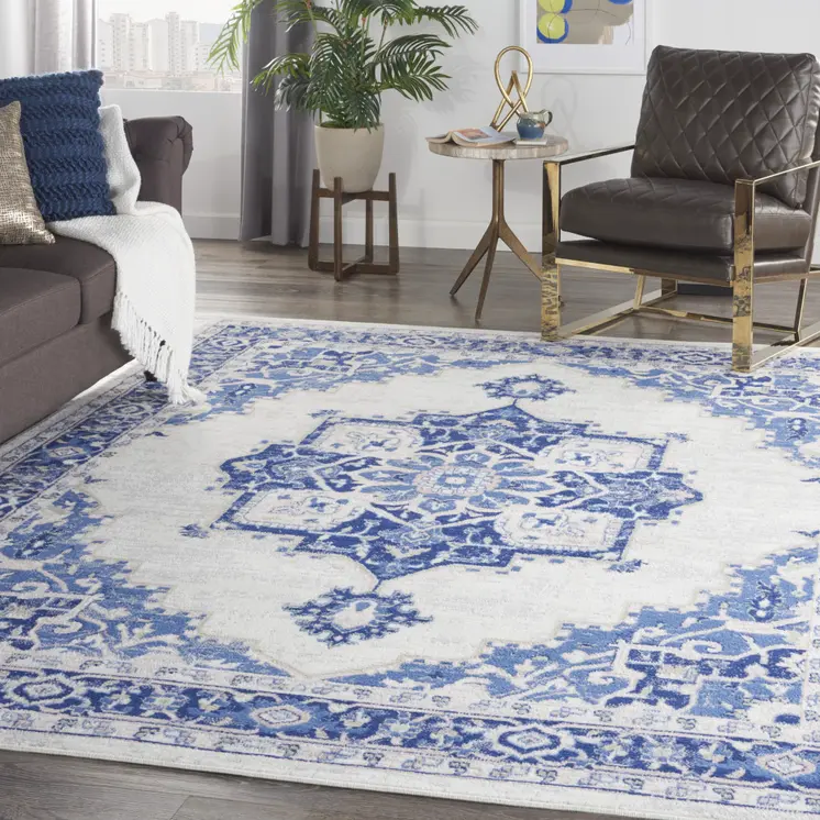 8' X 12' Ivory and Blue Floral Medallion Distressed Non Skid Area Rug