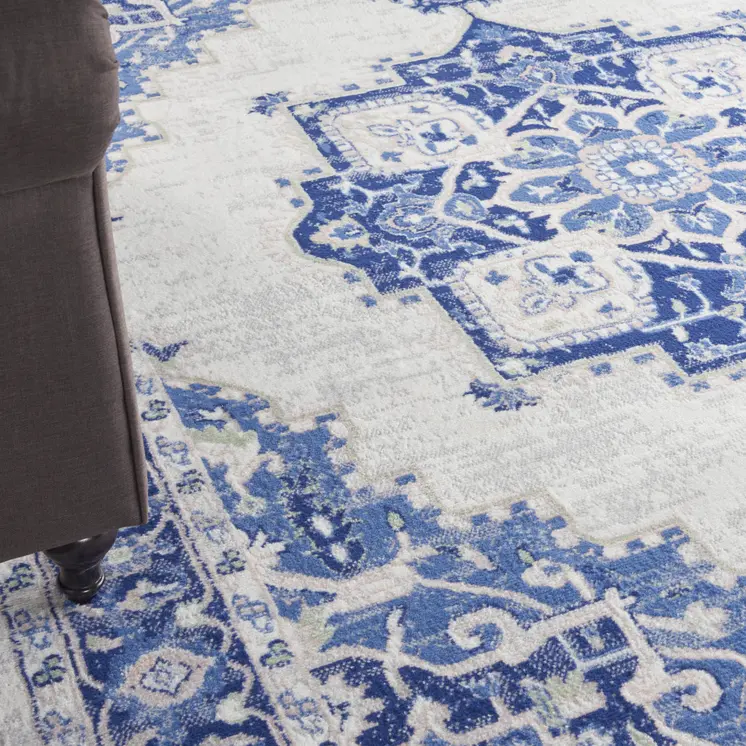 8' X 12' Ivory and Blue Floral Medallion Distressed Non Skid Area Rug