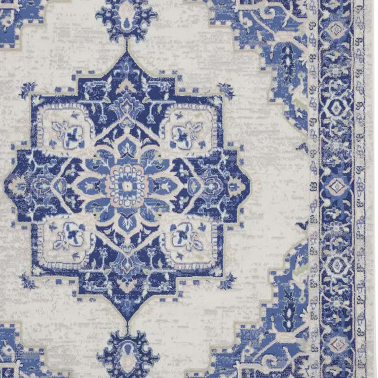 8' X 12' Ivory and Blue Floral Medallion Distressed Non Skid Area Rug