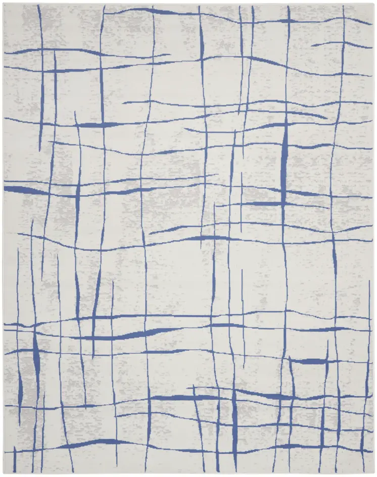 8' X 12' Ivory and Blue Abstract Geometric Distressed Non Skid Area Rug