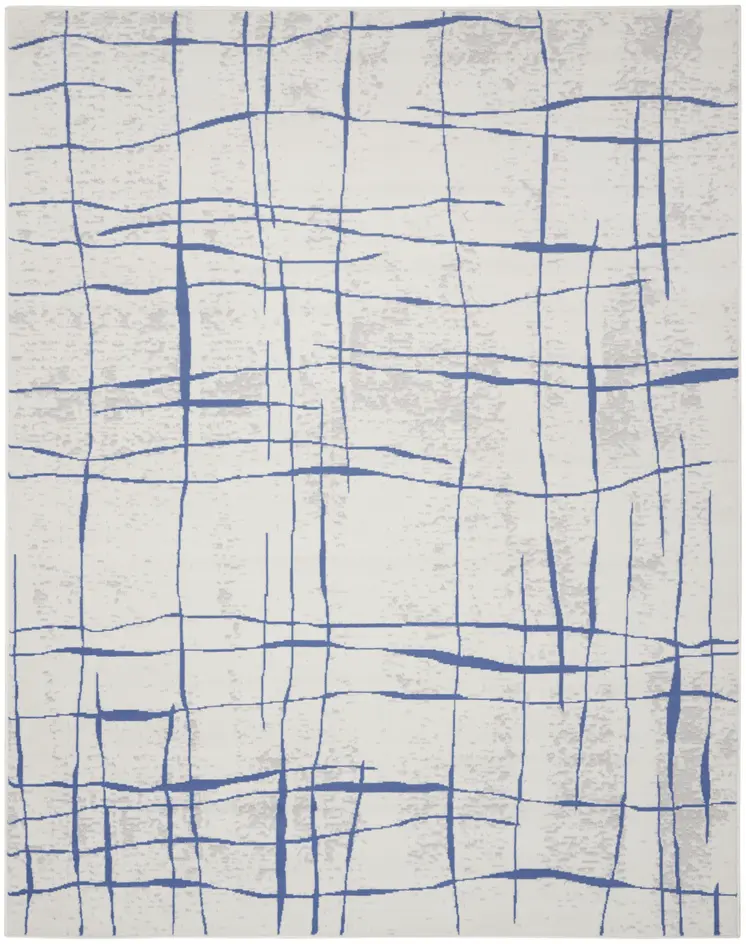 8' X 12' Ivory and Blue Abstract Geometric Distressed Non Skid Area Rug