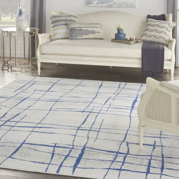 8' X 12' Ivory and Blue Abstract Geometric Distressed Non Skid Area Rug
