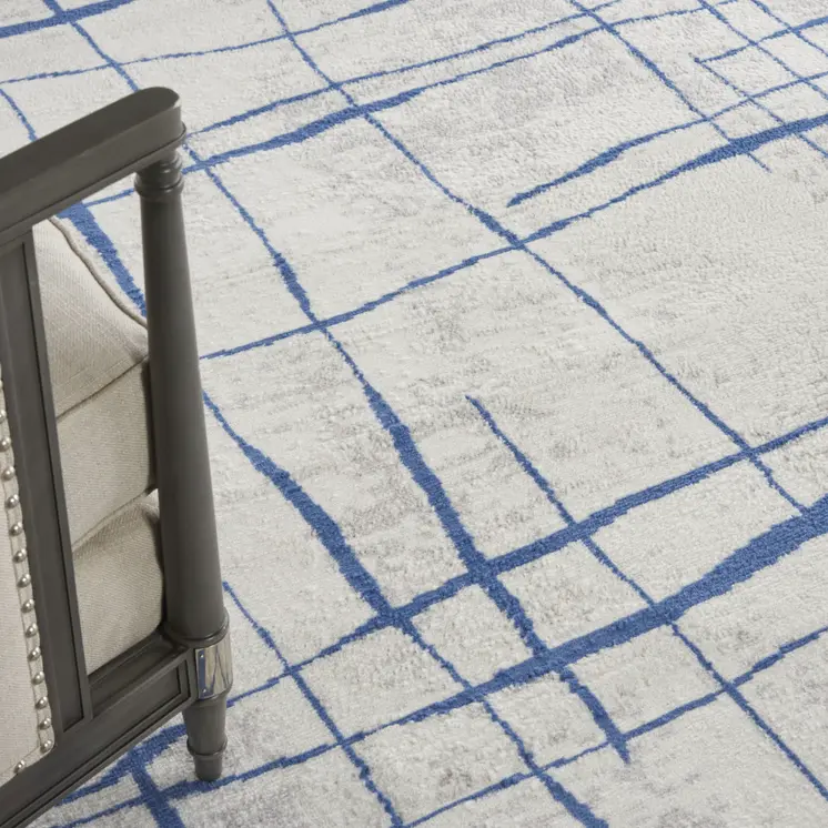 8' X 12' Ivory and Blue Abstract Geometric Distressed Non Skid Area Rug