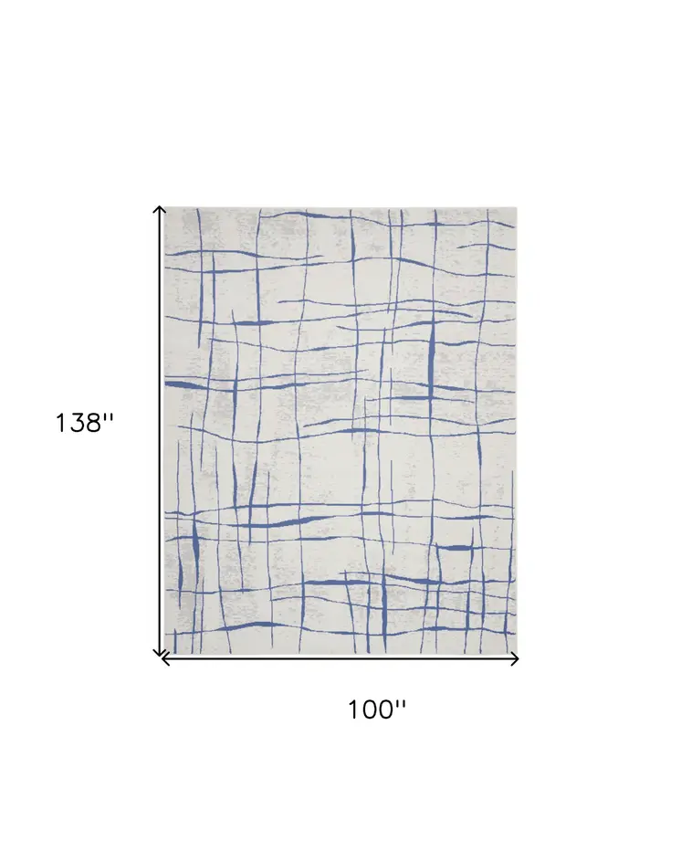 8' X 12' Ivory and Blue Abstract Geometric Distressed Non Skid Area Rug