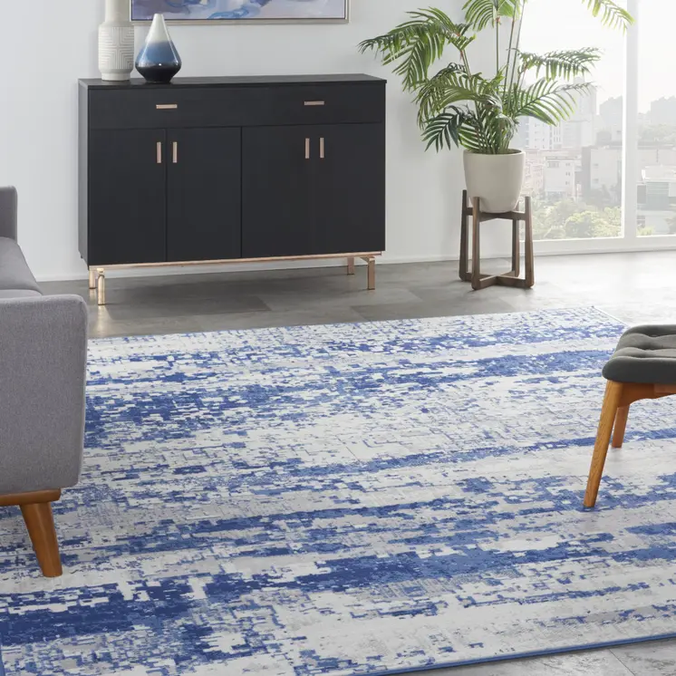 8' X 12' Ivory and Navy Blue Abstract Distressed Non Skid Area Rug