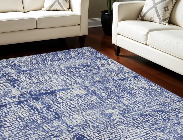 8' X 12' Ivory and Navy Blue Abstract Distressed Non Skid Area Rug
